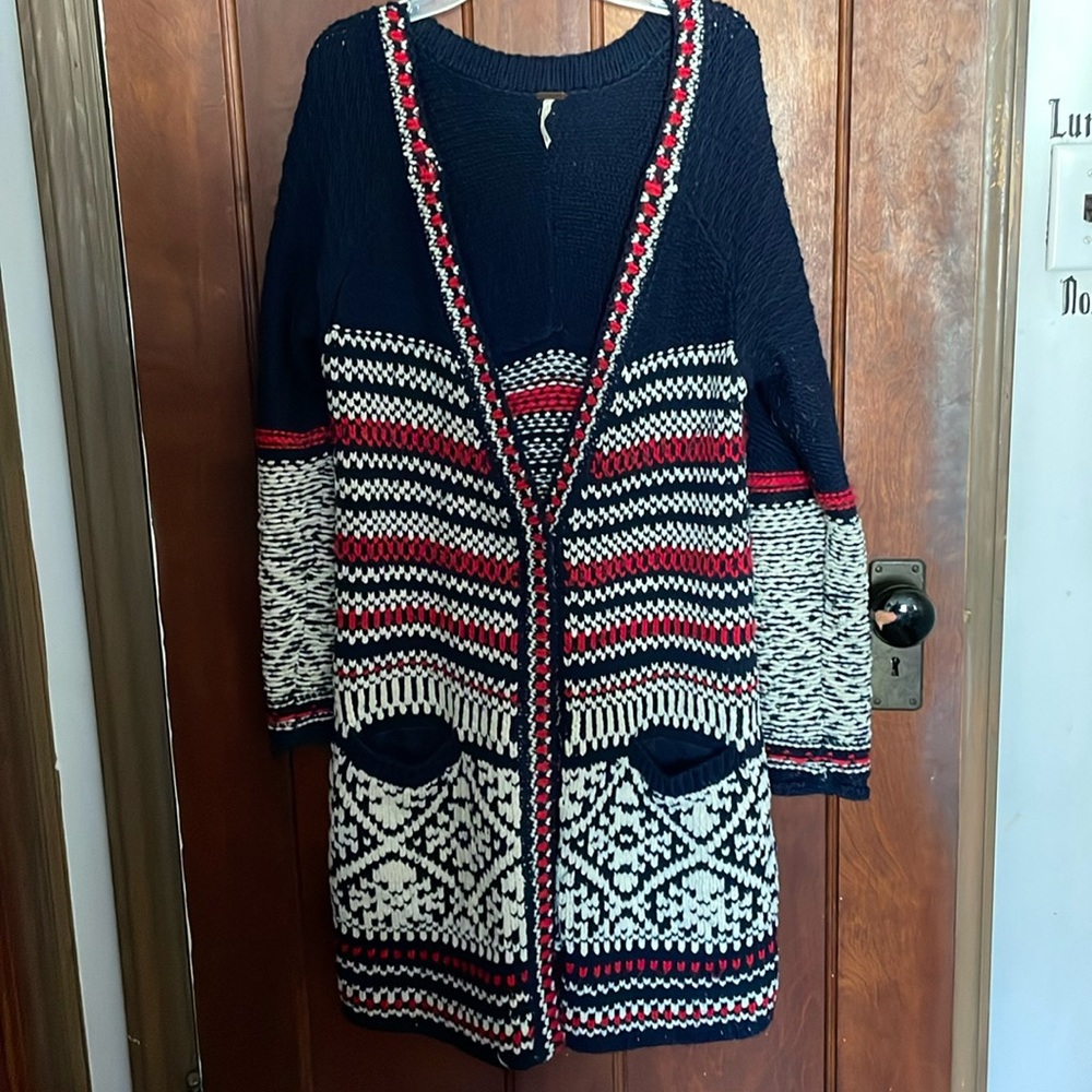 Free People long cardigan navy red white Christmas holiday winter sweater